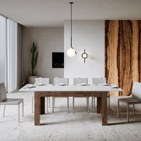 Modernt utdragbart matbord 90x160-220cm vitt och valnötsträ Bibi Mix NB