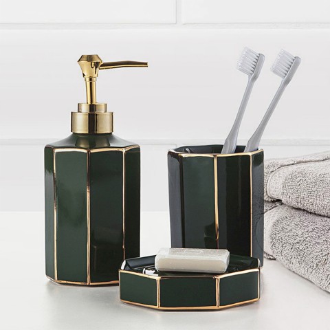Badrumsset tvålkopp tvålpump tandborstmugg toalettborste med hållare Emerald
