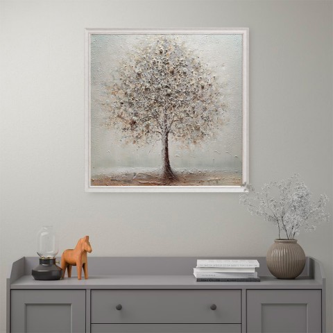 Handmålad canvastavla silverfärgat träd ram 100x100cm W641 Kampanj