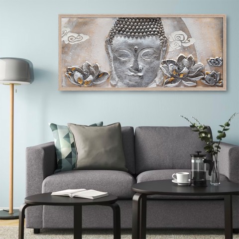 Handmålad canvastavla Buddha med ram 65x150cm W218