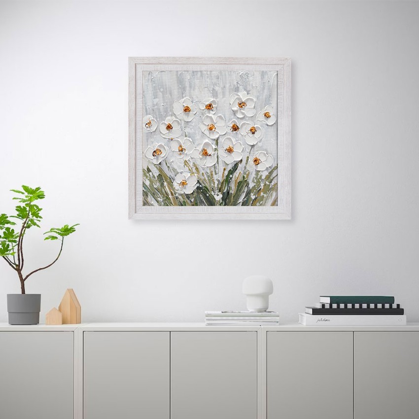 Handmålad Canvastavla med Ram 30x30cm äng med vita blommor Z501 Kampanj