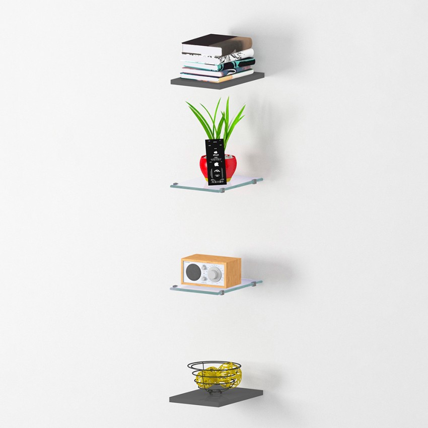 Set med 4 moderna hyllor i glas och svart färg vardagsrum Note Wall Kampanj