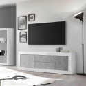 TV-bänk 210cm 2 dörrar 2 lådor blank vit och betong Visio BC Rabatter