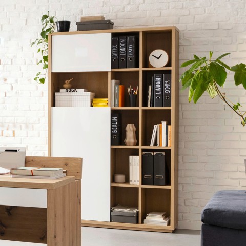 Modern bokhylla för vardagsrum i ek med 2 dörrar i vit glans Sharon Kampanj