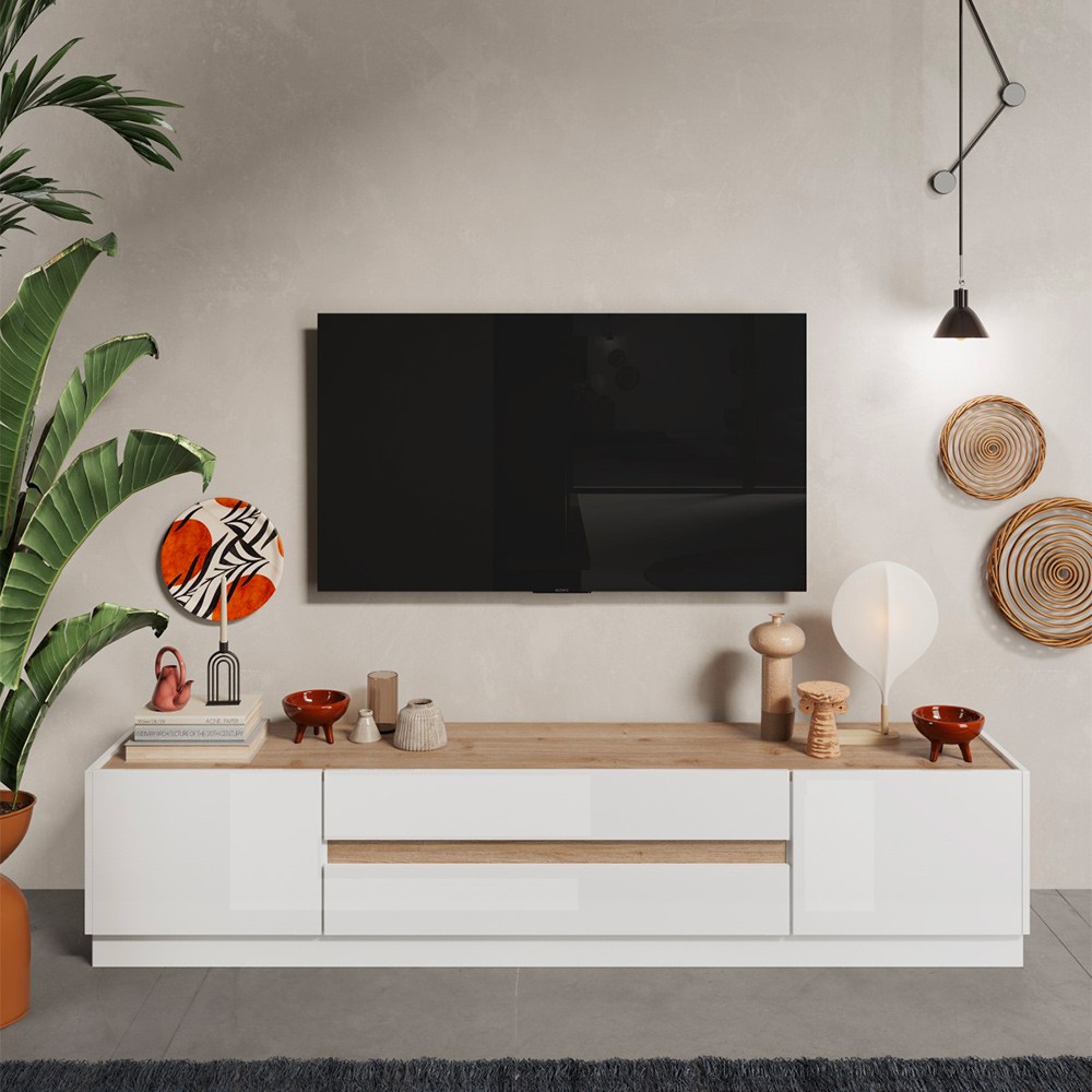Låg TV-bänk 205x40x44cm i trä 2 dörrar 2 lådor Venice