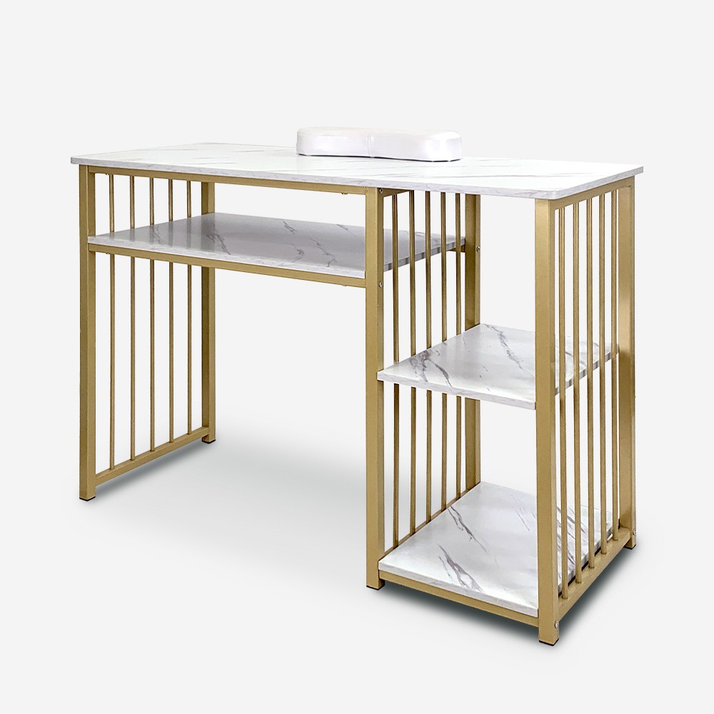 Manikyrbord 110x43x81cm i guldmetall med marmoreffekt för nagelsalong Lipota