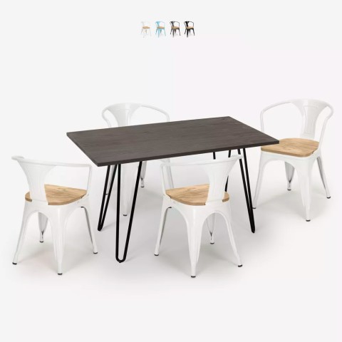 Set bord 120x60cm industriell stil 4 tolix trä stolar Wismar Top Light Kampanj