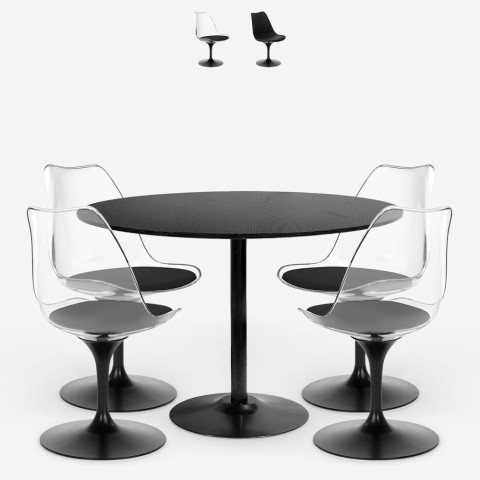 Set med Tulipan svart runt matbord 120 cm och 4 stolar Haki+ Kampanj