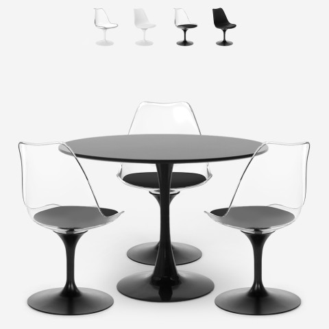 Set med Tulipan runt bord 90cm vitt svart och 3 genomskinliga stolar Wasen Kampanj