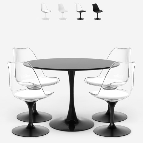 Set med runt matbord i Tulipan-stil 120 cm och 4 stolar vitt svart Balmen Kampanj