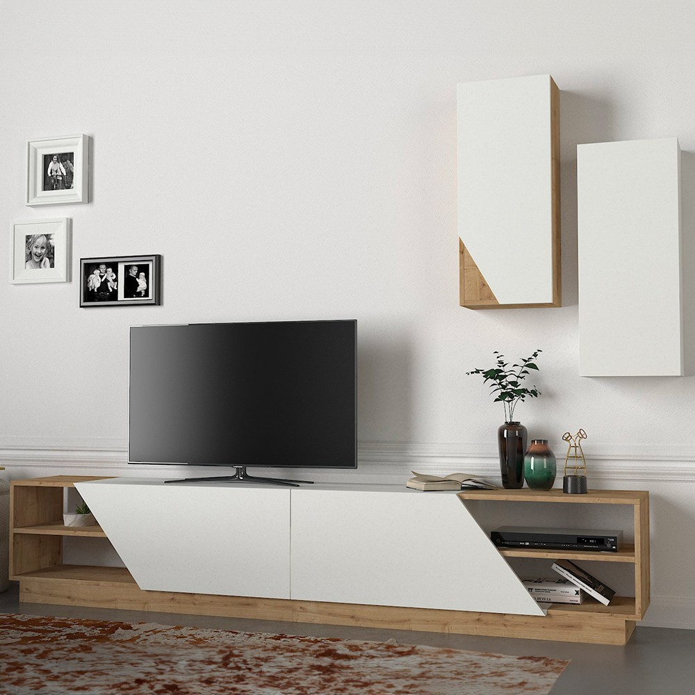 TV-möbelset mediaförvaring 2 dörrar 2 hängande väggskåp vit och trä River