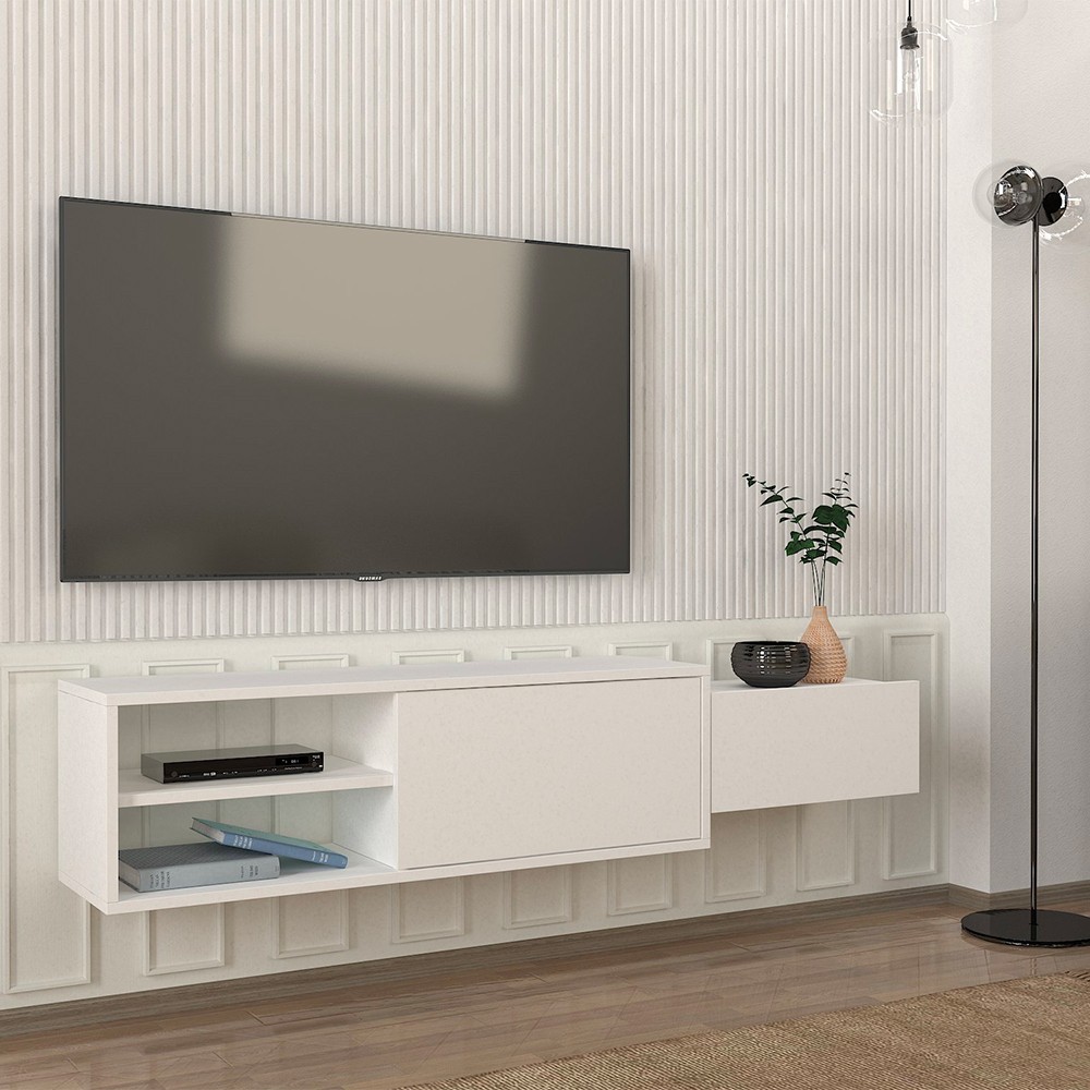Vägghängd Vit TV-Bänk med 2 dörrar 160x30x33 cm mediaförvaring vardagsrum Dione