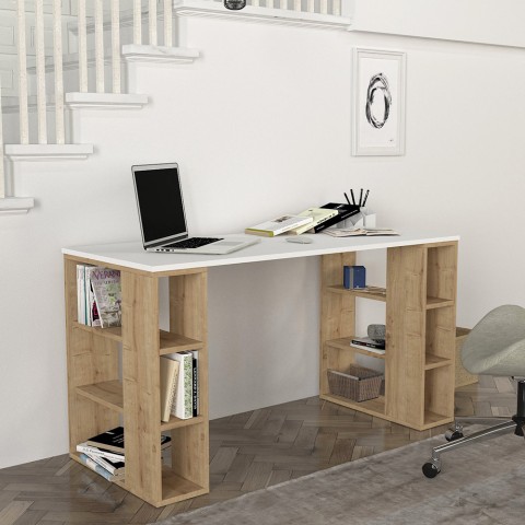 Skrivbord för kontor vitt och trä 6 hyllor 140x60x75 cm Leonardo Kampanj