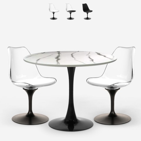Set med Tulipan runt bord 80cm med marmoreffekt  2 stolar svart och vit Lapis Kampanj