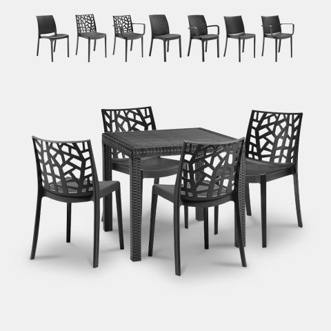 Trädgårdsgrupp kvadratiskt bord 80x80cm 4 stolar svart konstrotting Nisida Dark Kampanj