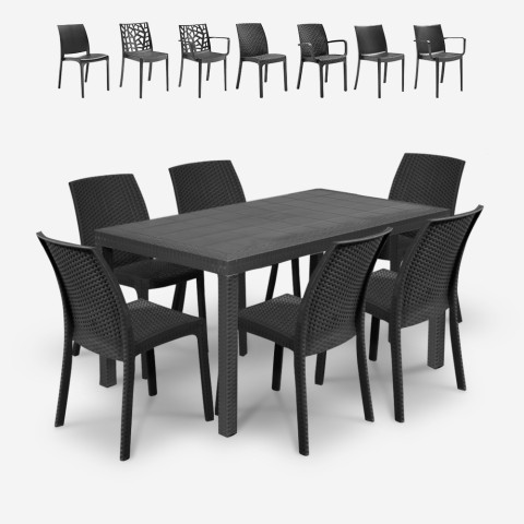 Trädgårdsmöbelset bord 150x90 cm i svart rattan med 6 stolar för utomhusbruk Meloria Dark Kampanj