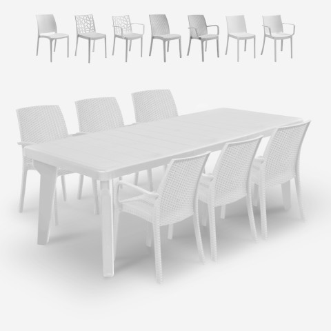 Set bord med förlängningsbart bord 160-220cm 6 vit trädgårdsstolar Liri Light. Kampanj