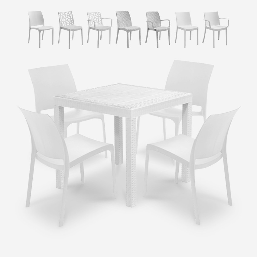 Vit trädgårdsgrupp bord 80x80cm 4 stolar konstrotting Nisida Light Kampanj