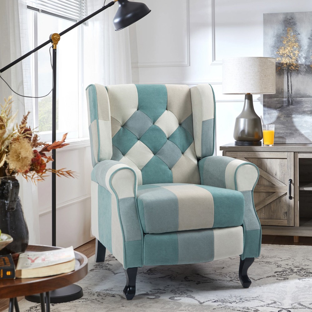 Patchworkfåtölj relax bergère liggfåtölj fotpall ljusblå Ethron