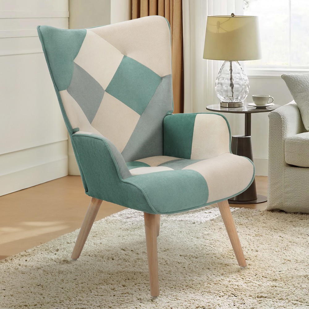 Fåtölj i patchwork-stil skandinavisk design vit trä blå för vardagsrum Chapty