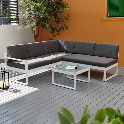 Loungeset hörnsoffa + soffbord med glasskiva utomhus Jamila Kampanj