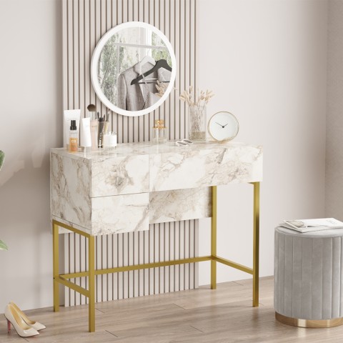 Mobil sminkbord med spegel 3 lådor vit marmor guldben Helier Kampanj