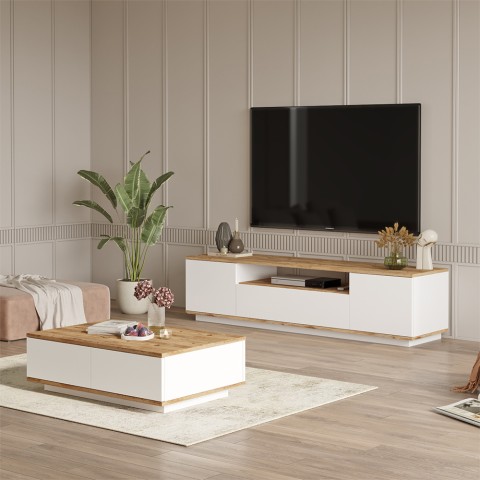 Modern TV-Möbelset TV-bänk med 3 dörrar + lågt soffbord vitt och trä Award Kampanj