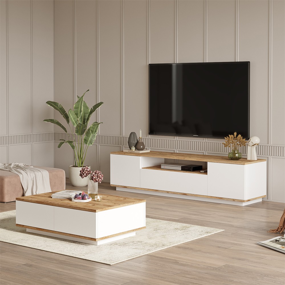 Modern TV-Möbelset TV-bänk med 3 dörrar + lågt soffbord vitt och trä Award