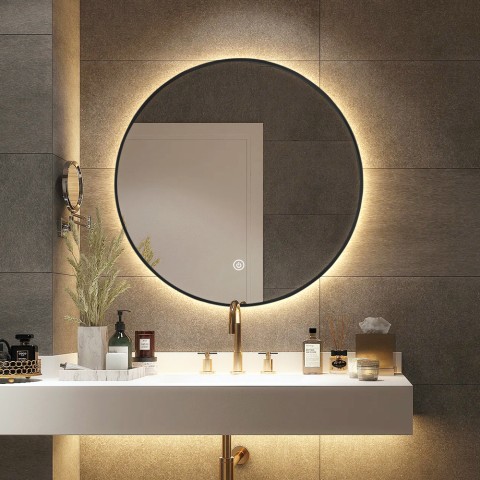 Spegel badrum led rund 70cm upplyst ram svart Laugarv L Kampanj