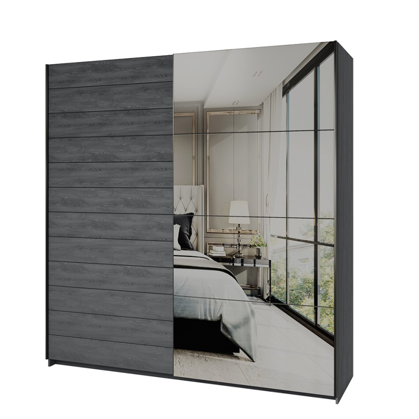 SAONE Modern garderob i mörk ek med 2 skjutbara spegeldörrar 200x61x210 Kampanj SAONE Modern garderob i mörk ek med 2 skjutbara spegeldörrar 200x61x210 Kampanj