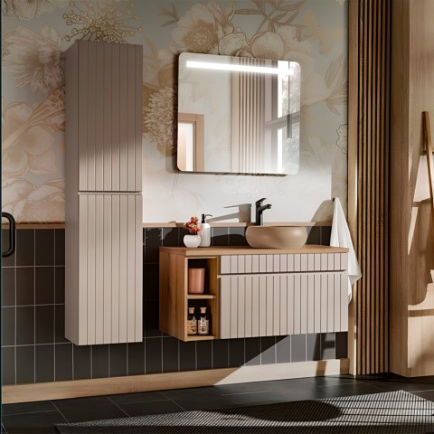 Coast 100 SNA Väggmonterat badrumsskåp med beige tvättställ, spegel och garderob Kampanj