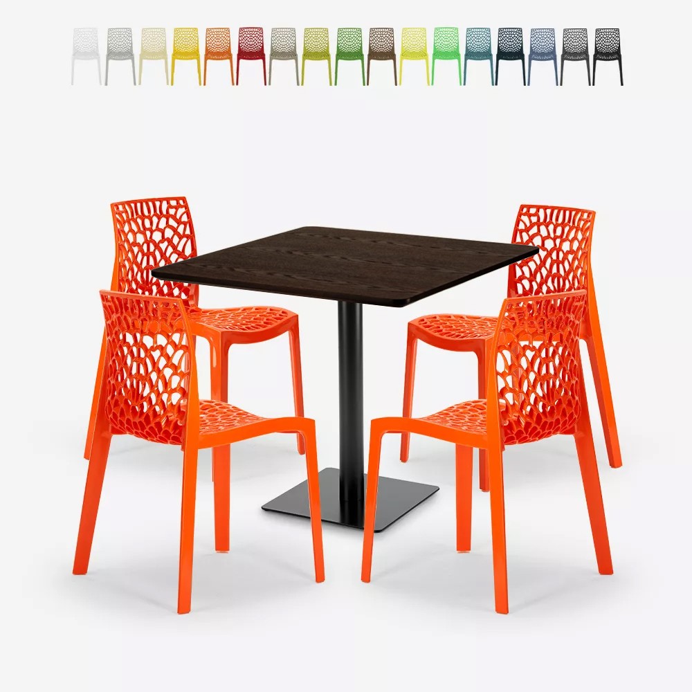 Set bord trä metall Horeca 90x90cm 4 stolar design stapelbara Dustin