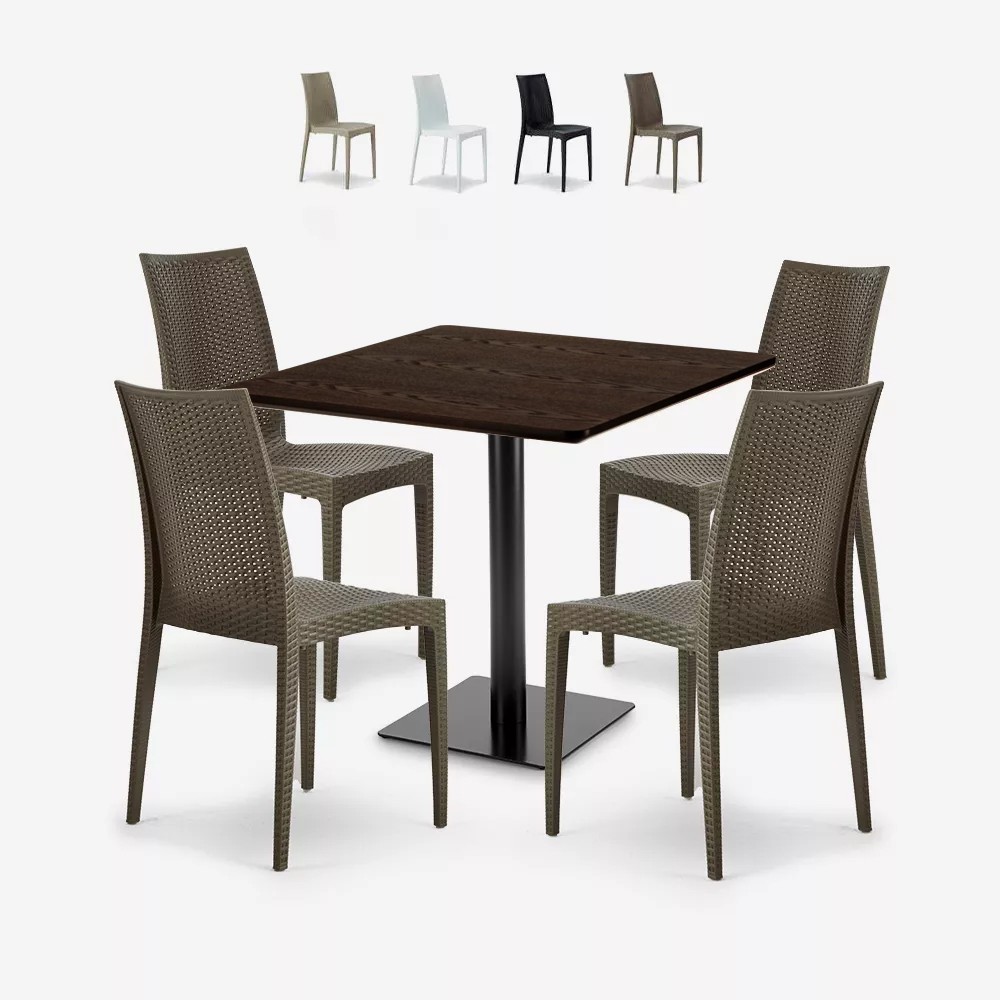 Set trä bord 90x90cm Horeca 4 stapelbara stolar konstrotting Barrett