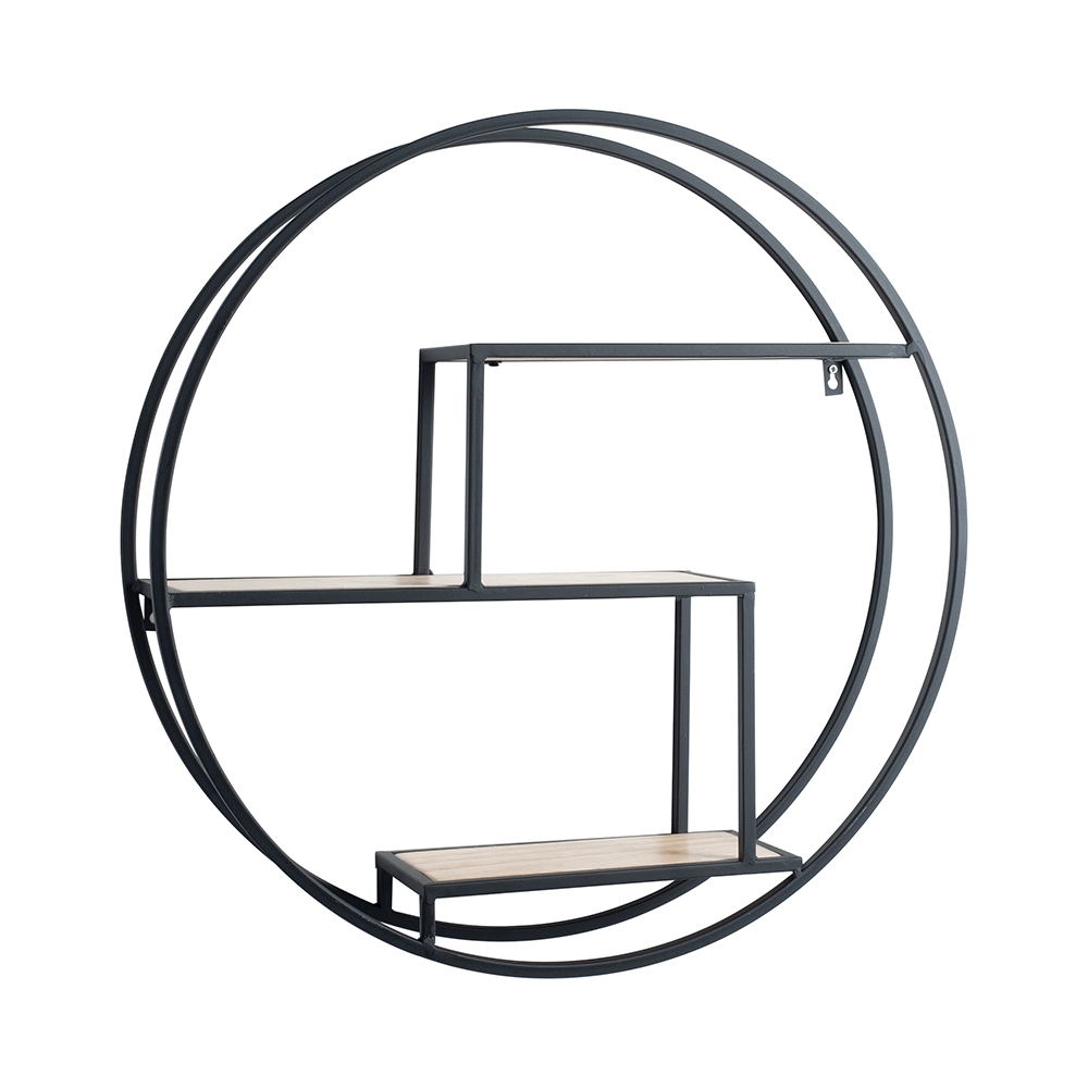 Rund väggmonterad hylla Ø60cm i metall och ek med 3 hyllor Vanity