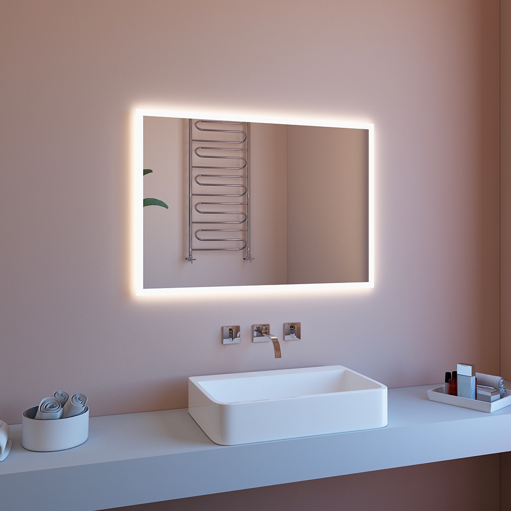 ETR127-S Badrumsspegel med blank kant och bakgrundsbelysning 80x60 med LED och Bluetooth 