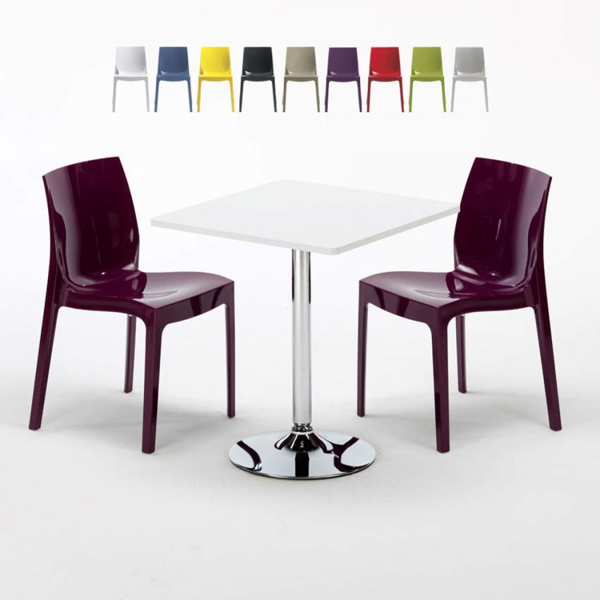 Vitt Fyrkantigt Bord 70x70 cm Med Stålbas och 2 Ice Cocktail färgade stolar Kampanj