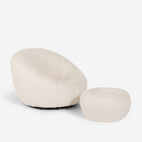 KUMA Vit designfåtölj i bouclé, med en snurrbar fotpall Kampanj