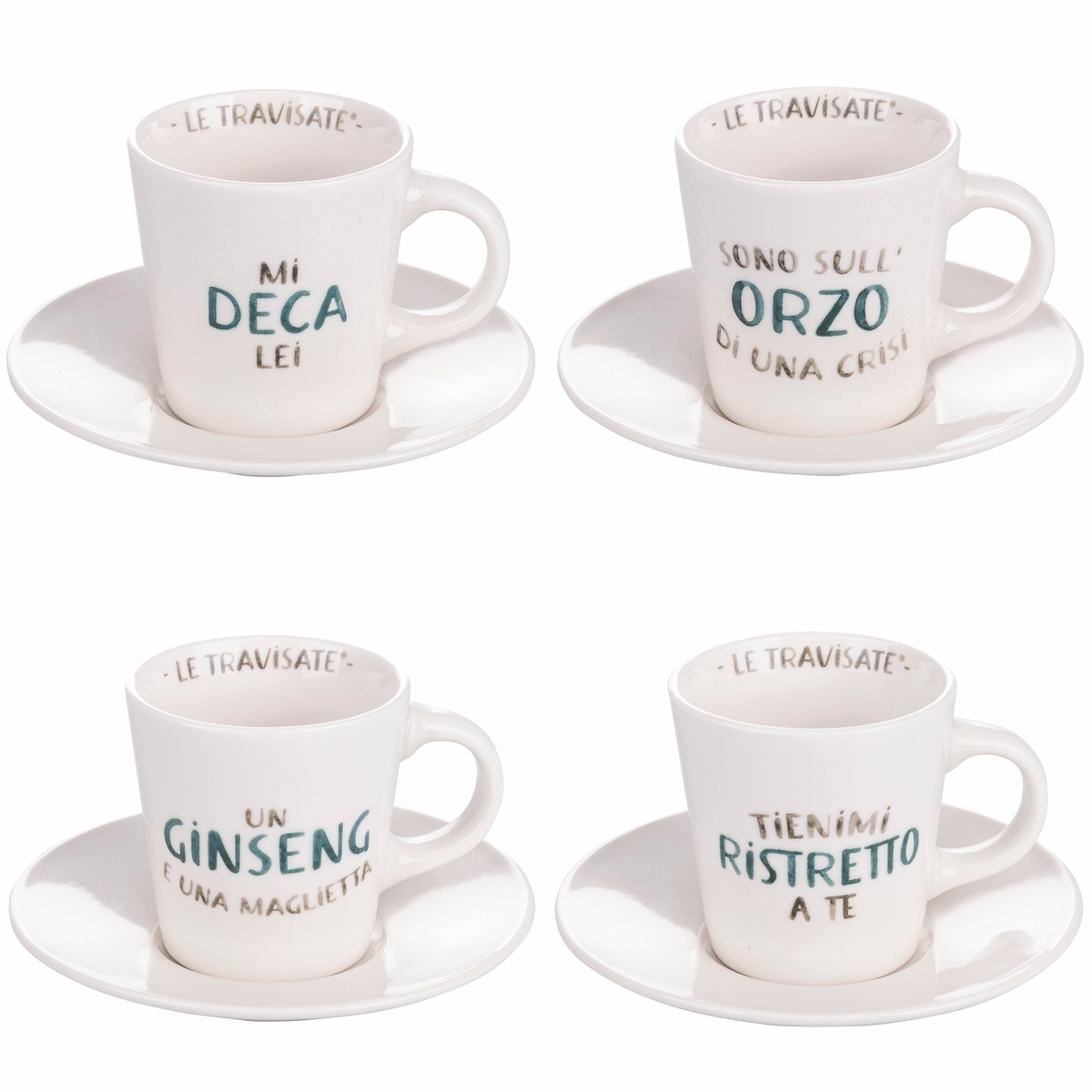 Set med 4 kaffekoppar i porslin med fat 90ml med text Le Travisate Kampanj