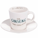 Set med 4 kaffekoppar i porslin med fat 90ml med text Le Travisate Rea