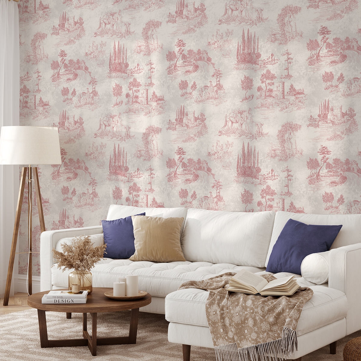 Vintage tapet med rosa landskap för vardagsrum Toile de Jouy Rosa Kampanj Vintage tapet med rosa landskap för vardagsrum Toile de Jouy Rosa Kampanj