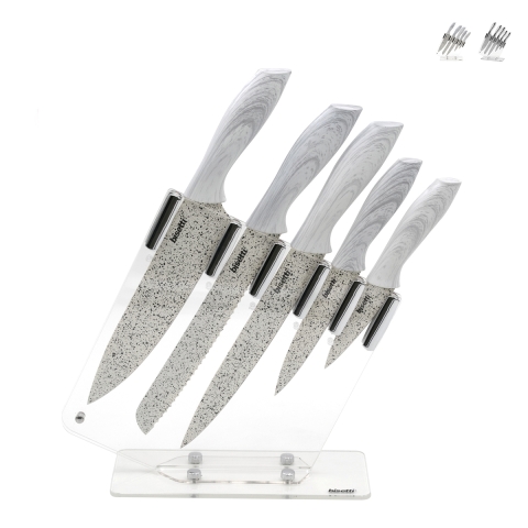 Set med 5 köksknivar i rostfritt stål med transparent knivblock Stonewhite Kampanj