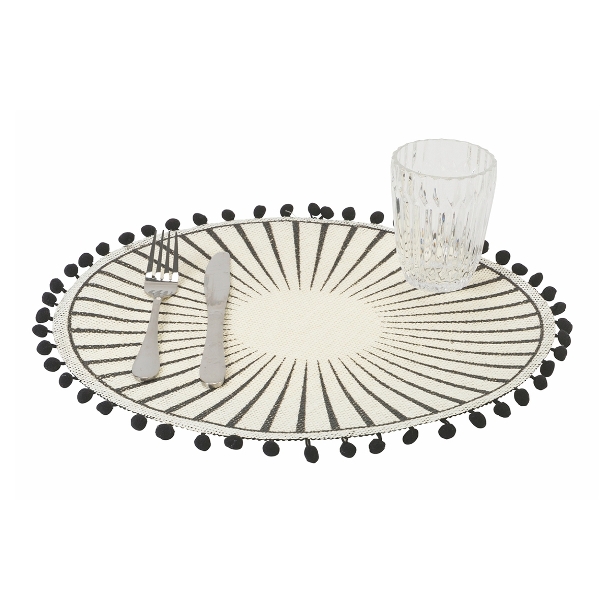 Set med 6 runda bordstabletter med pom-pom, geometrisk design, 38 cm Svart
