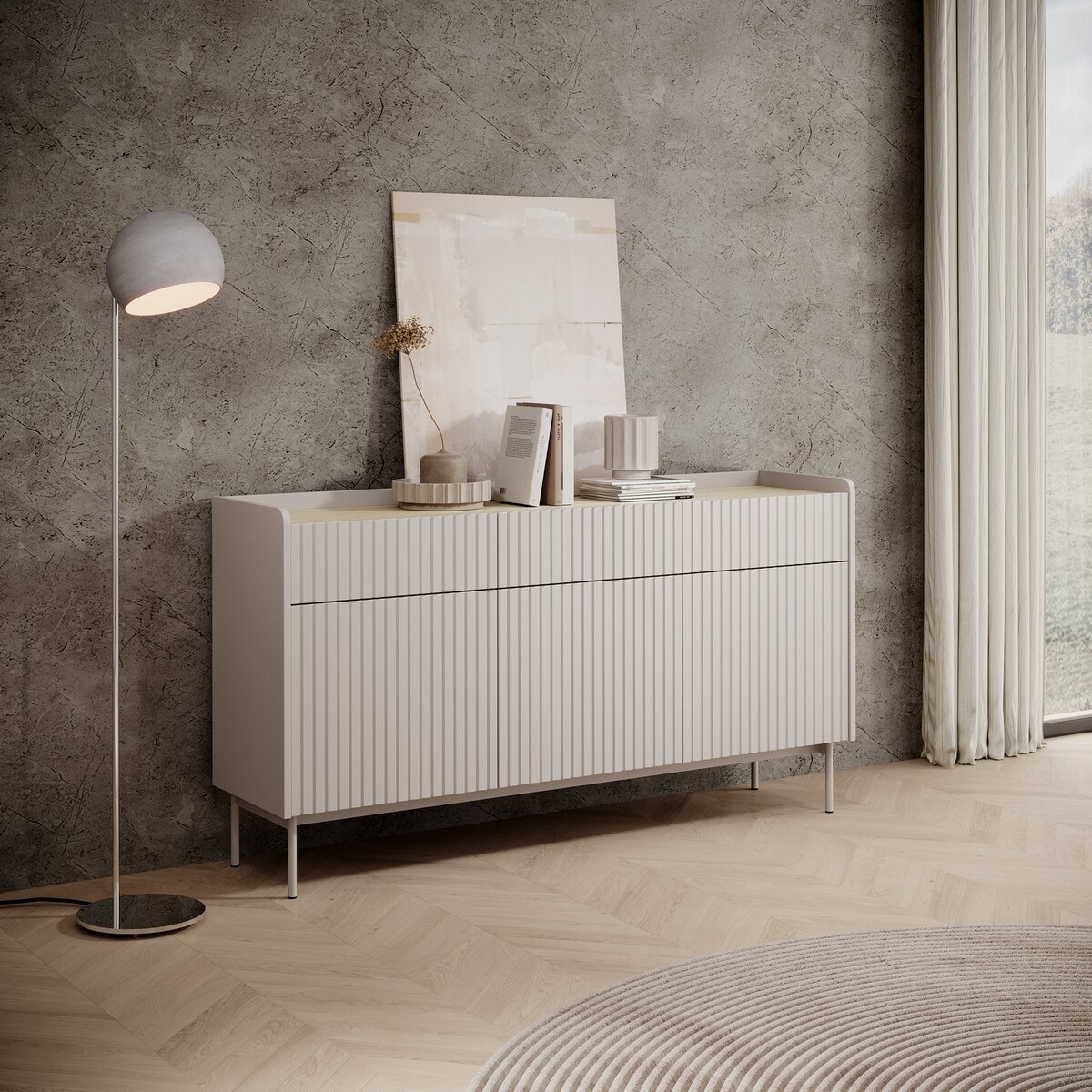 Moderna beige sideboard för vardagsrum med 3 lådor och 3 dörrar Bitter