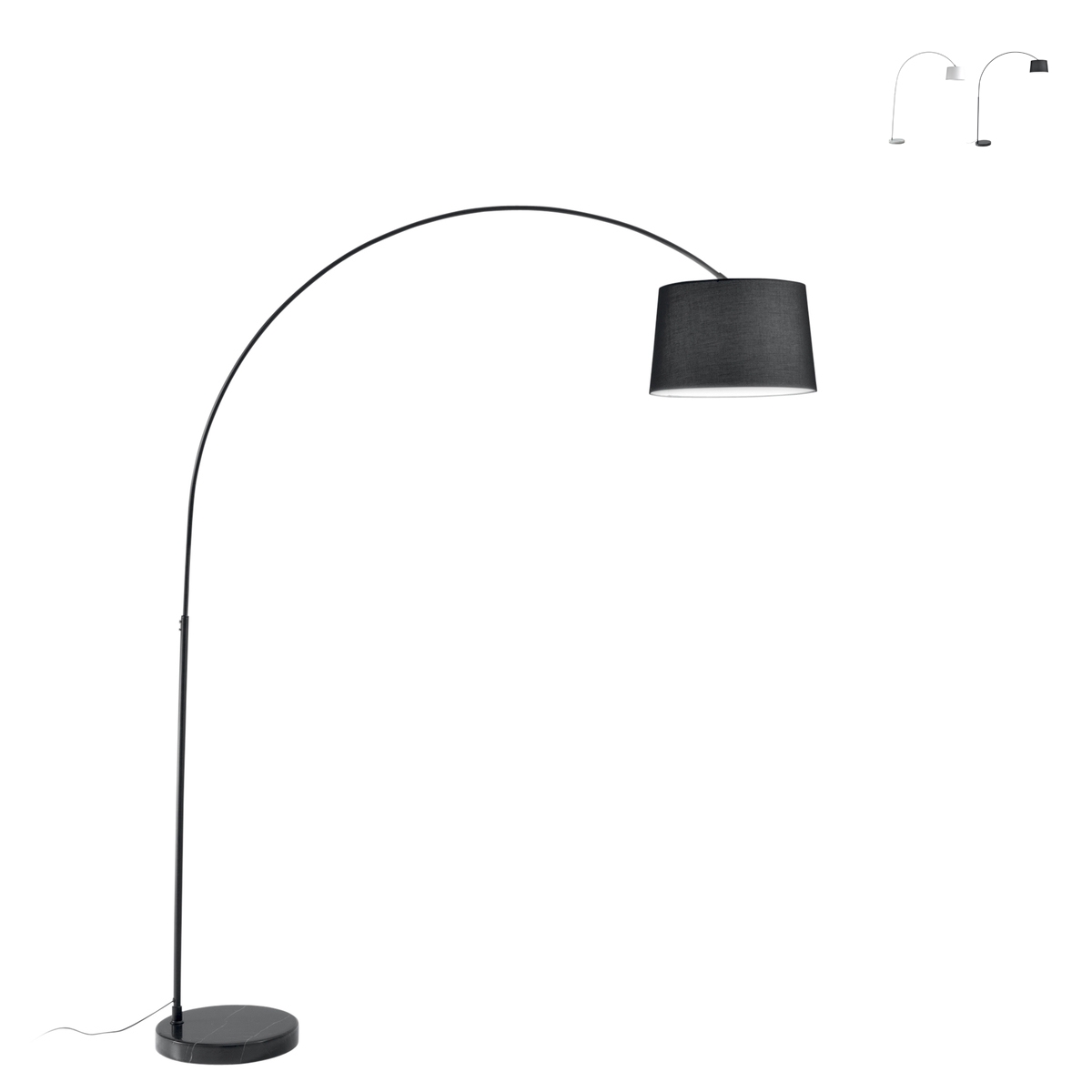 Golvlampa med böjd metallarm, marmorfot och textilskärm Dream Kampanj