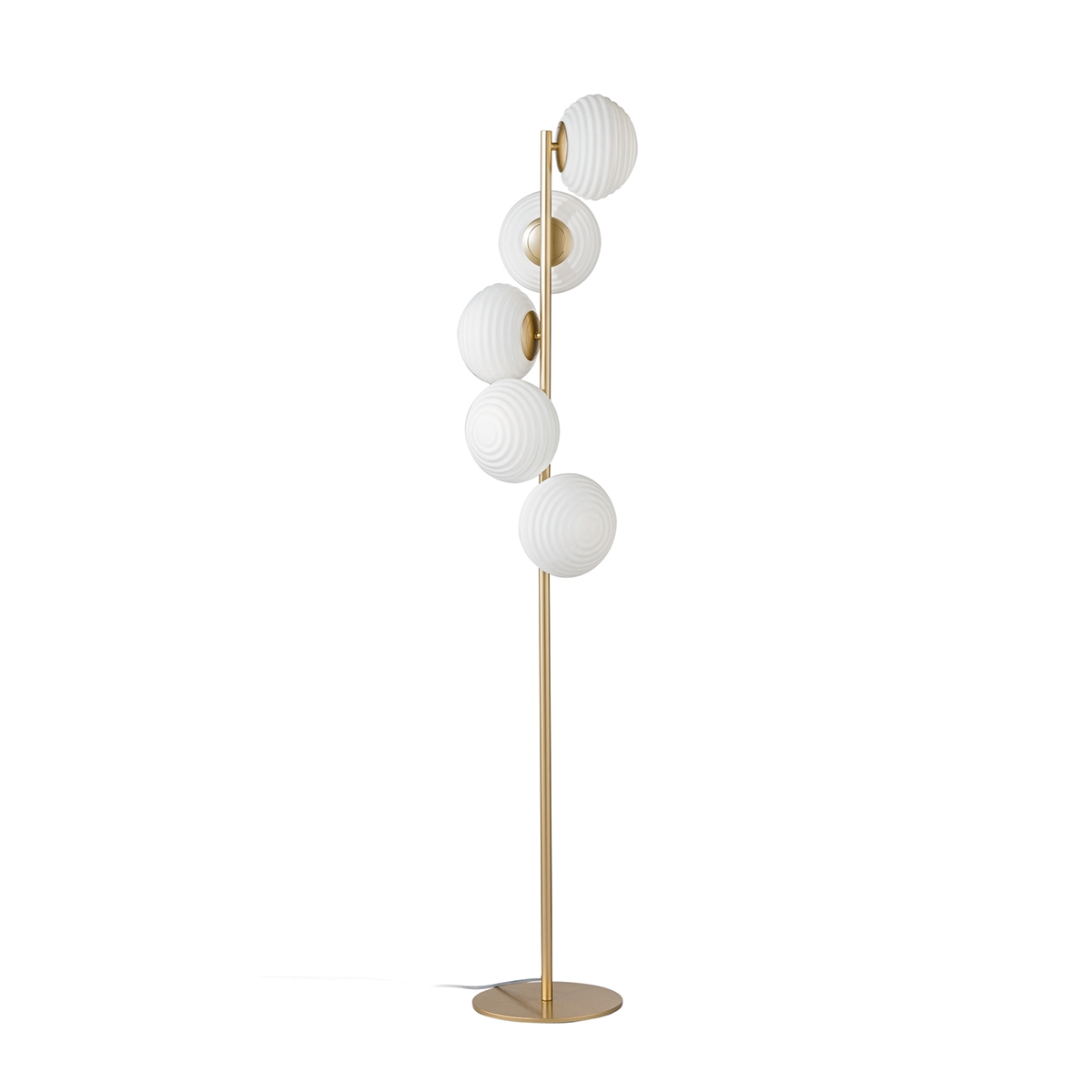 Guldfärgad metallgolvlampa med 5 vita Ripple-glasskärmar