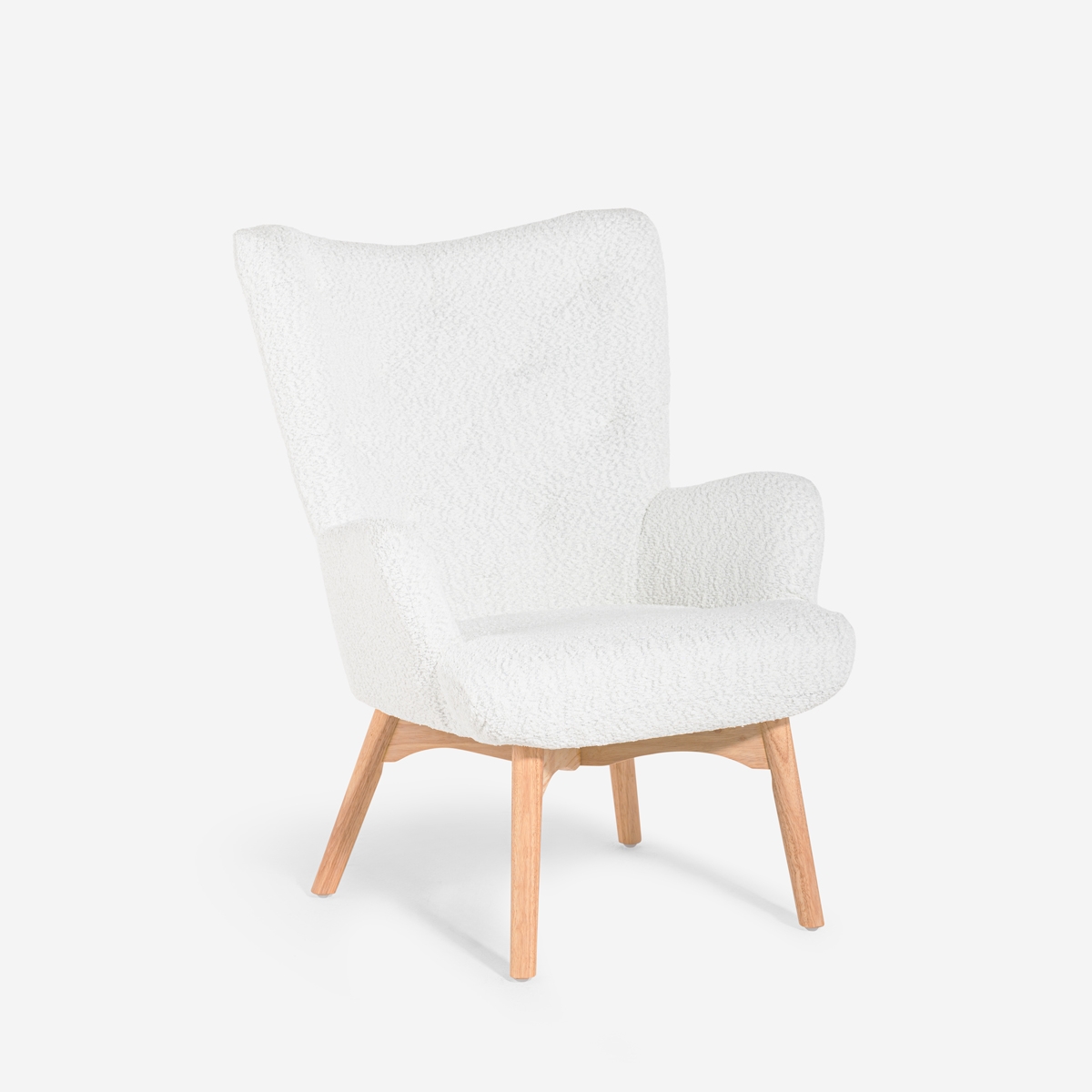 Modern fåtölj i bergère-stil i vitt bouclét tyg Wani