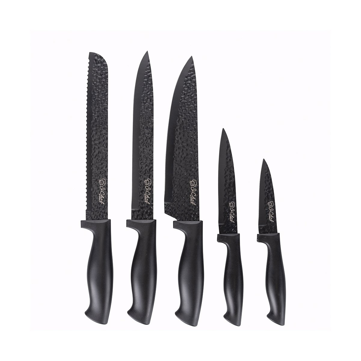 Svart knivblock med 5 rostfria knivar med hamrad yta Piko Kampanj Svart knivblock med 5 rostfria knivar med hamrad yta Piko Kampanj
