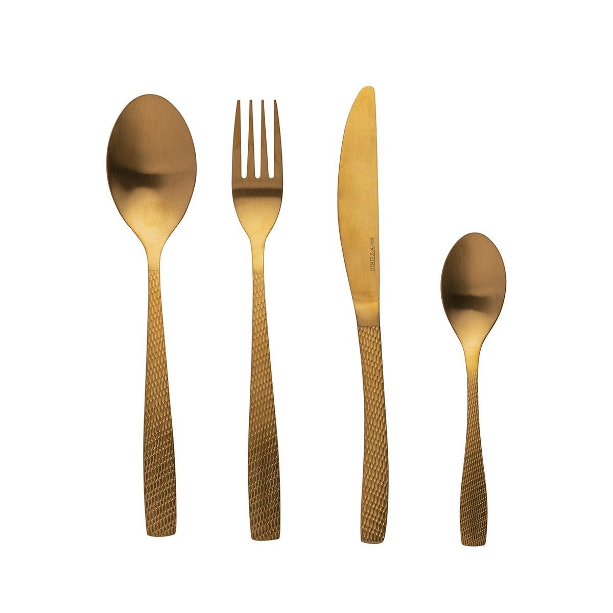 Set med 24 bestick i rostfritt stål, satinmatt guld med hamrat handtag Harlem Kampanj Set med 24 bestick i rostfritt stål, satinmatt guld med hamrat handtag Harlem Kampanj