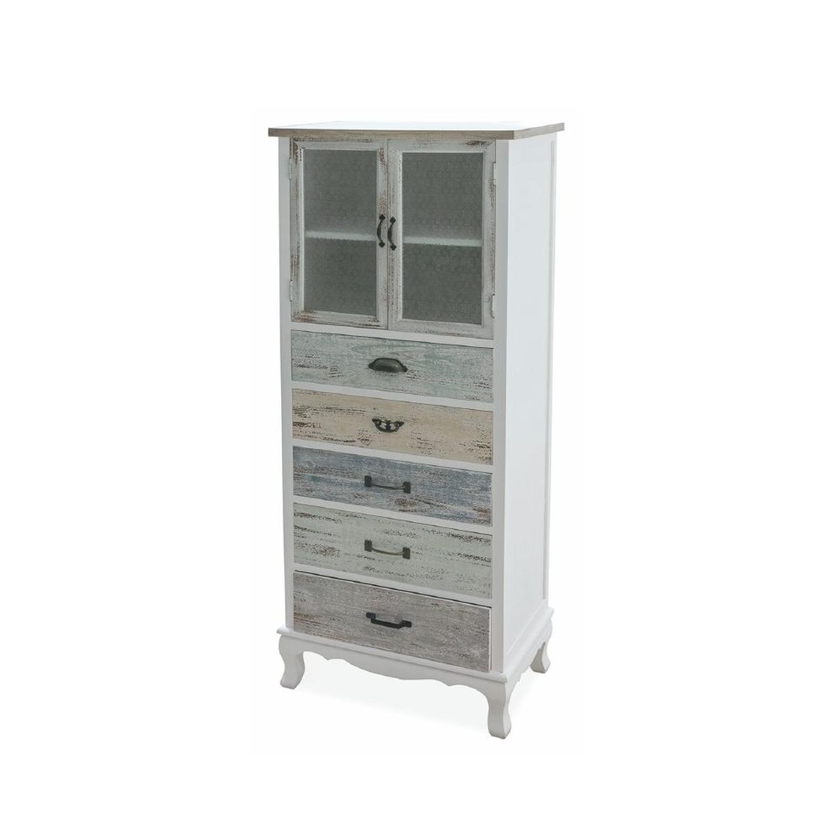 Skänk med vitrindel shabby chic 2 glasdörrar 5 lådor Valencia