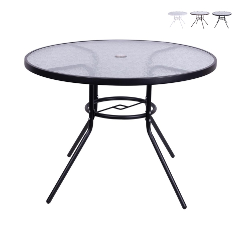 Runt utomhusbord 100 cm i kolfiberstål och vitt glas Lorea Kampanj